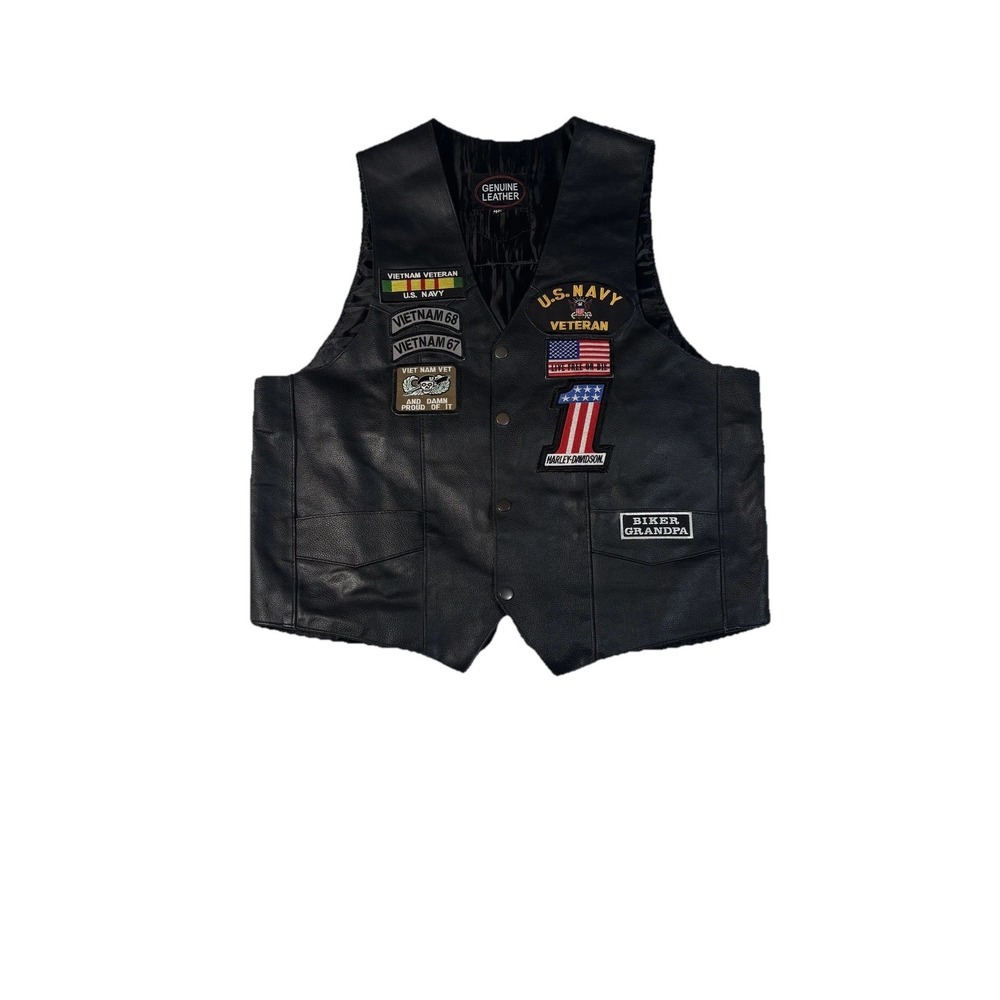 US Navy Veteran Harley Davidson Vest Mens 46 Black Leather Biker Riding‎